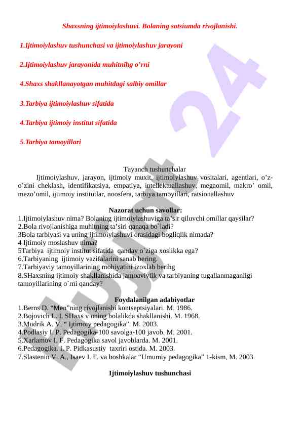 Shaxsning ijtimoiylashuvi va tarbiyaning o'rni