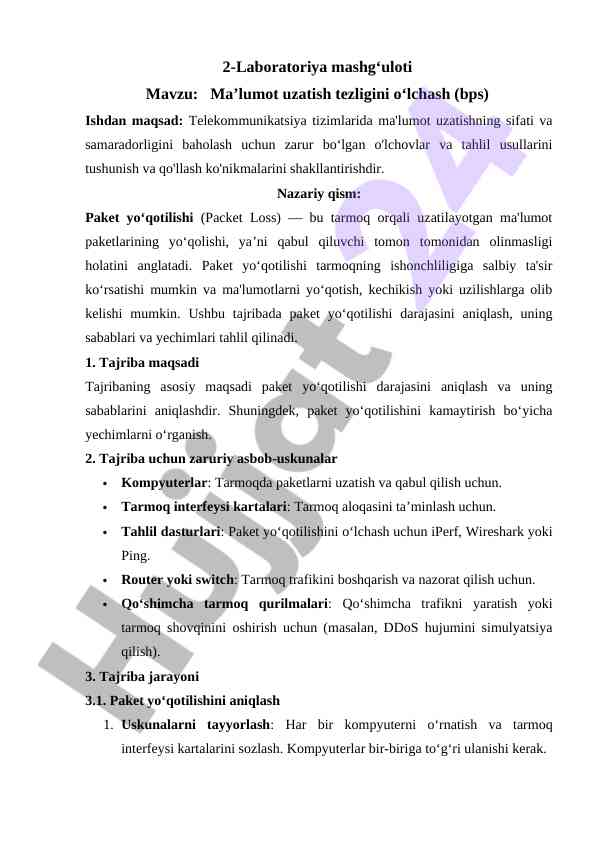 Ma'lumot uzatish tezligini o'lchash tajribasi