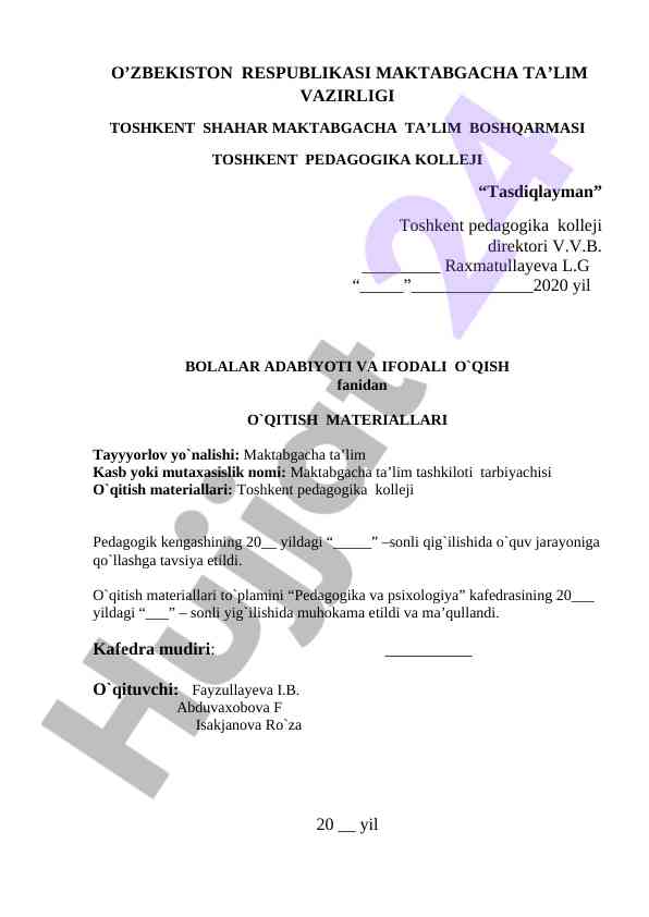 Bolalar Adabiyoti Va Ifodali O‘qish Fanidan O‘qitish Materiallari