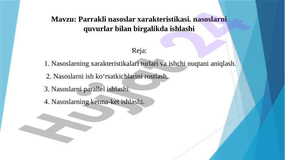 Parrakli nasoslar xarakteristikasi va ishlash rejasi