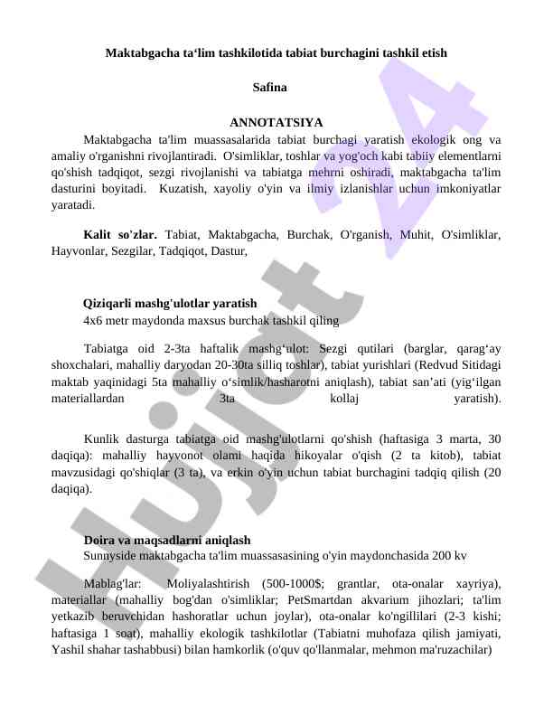 Maktabgacha ta‘limda tabiat burchagini tashkil etish