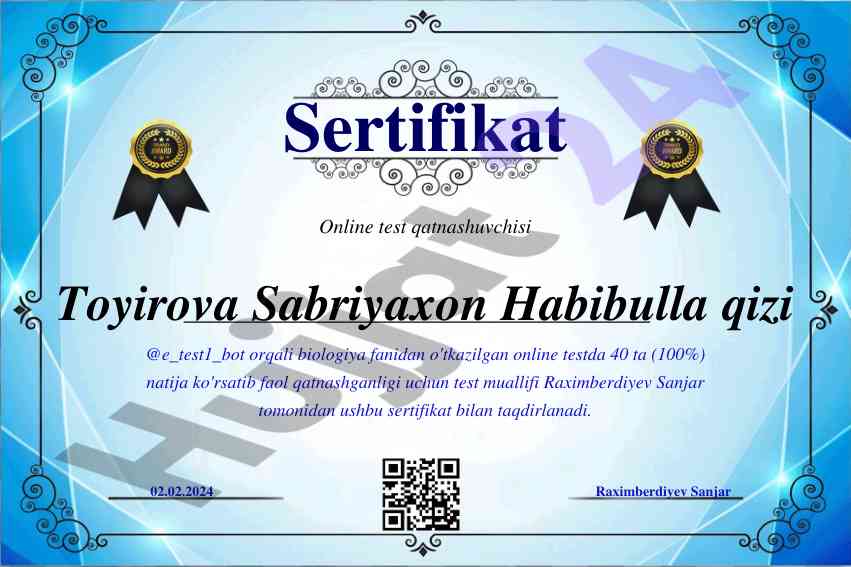 Onlayn testda biologiya fanidan sertifikatlar