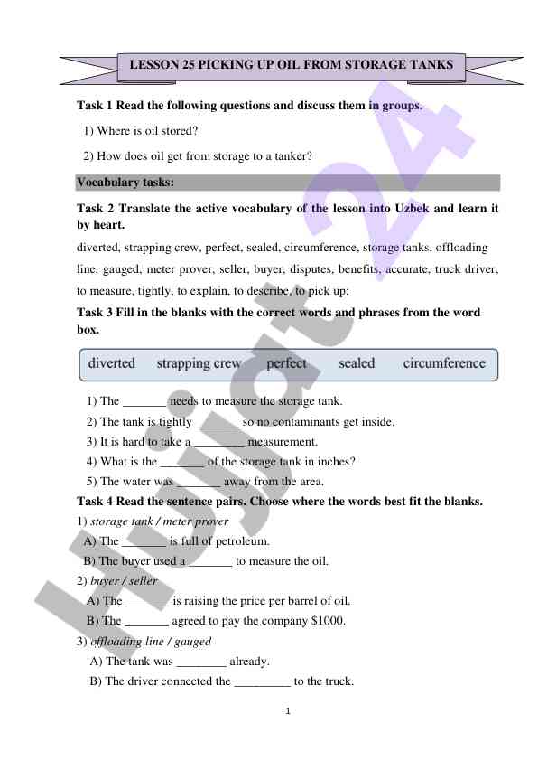 Oil storage and measurement vocabulary tasks