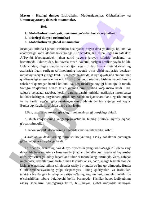 Hozirgi dunya: libiralizim va globallashuv