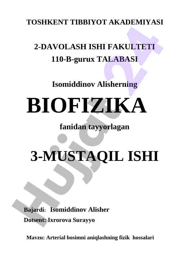 Arterial bosimni aniqlashning fizik hossalari