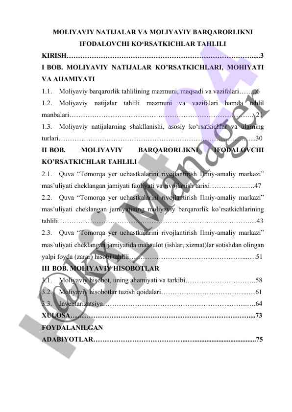 Moliya natijalar va barqarorlik tahlili