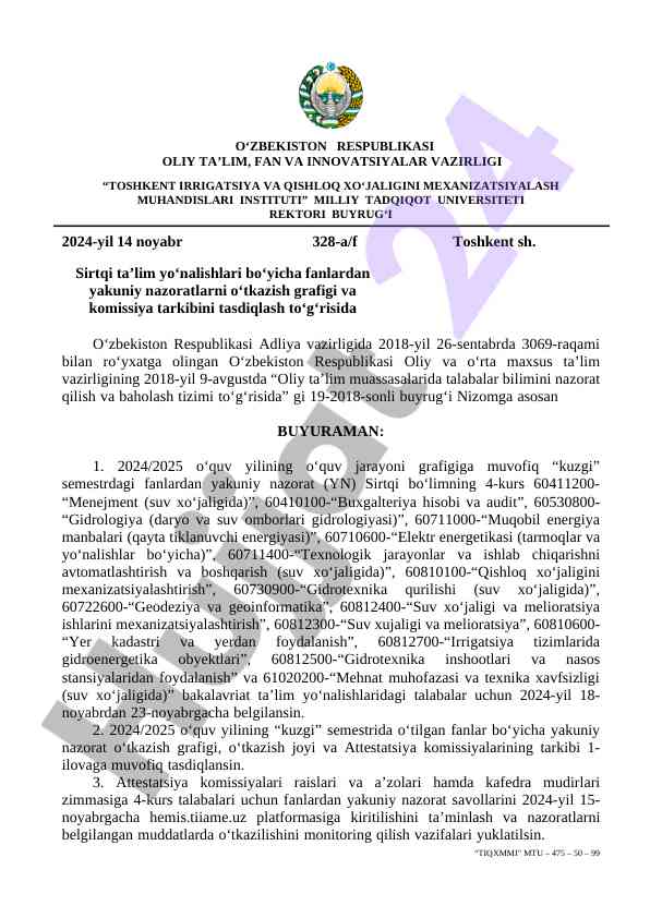 2024-2025 o‘quv yili yakuniy nazorat grafigi