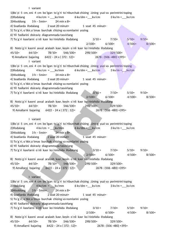 Matematika testi: to`g`ri to`rtburchak va hisoblar