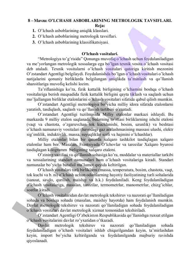 O’lchash asboblarining metrologik tavsiflari