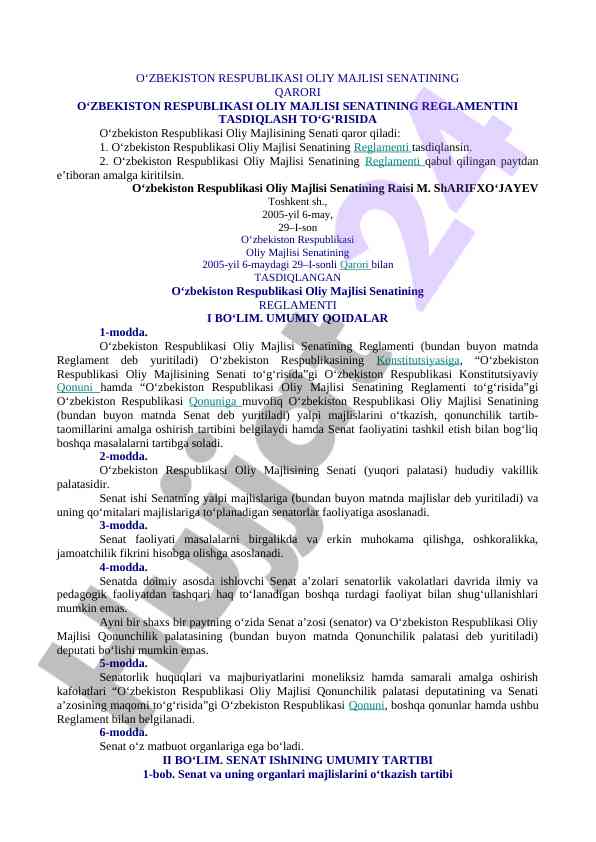 Oliy majlisi senati reglamenti hajmi va qoidalari