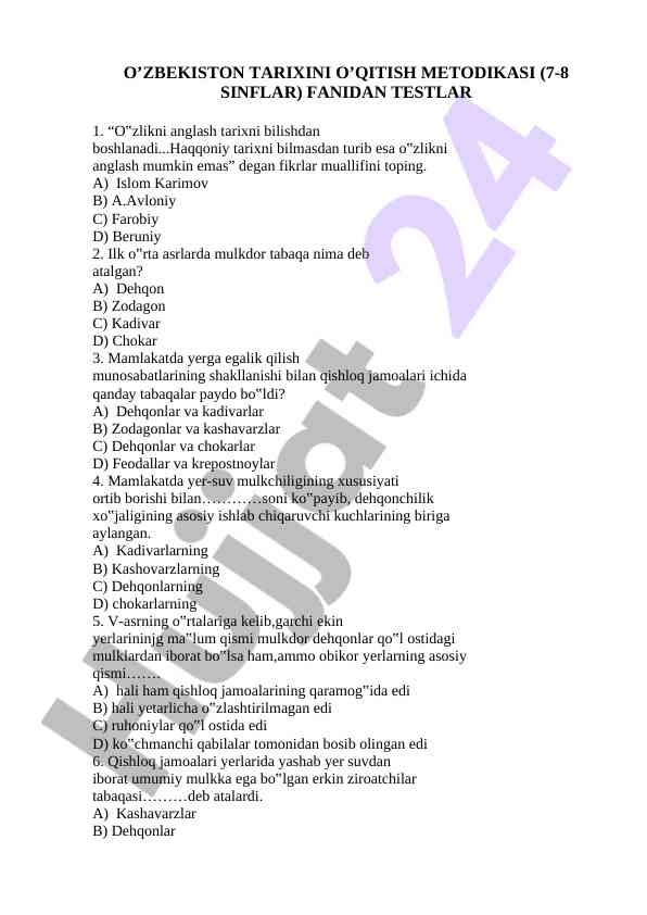 Tarix darslari uchun test savaqlari