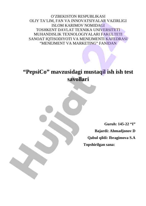 Pepsico mavzusidagi mustaqil ish test savollari
