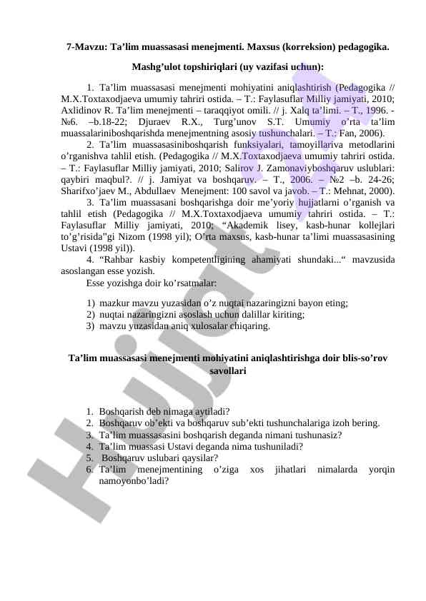 Ta’lim muassasasi menejmenti mavzusi