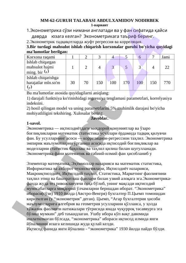 Ekonometrika asoslari va tahlil usullari