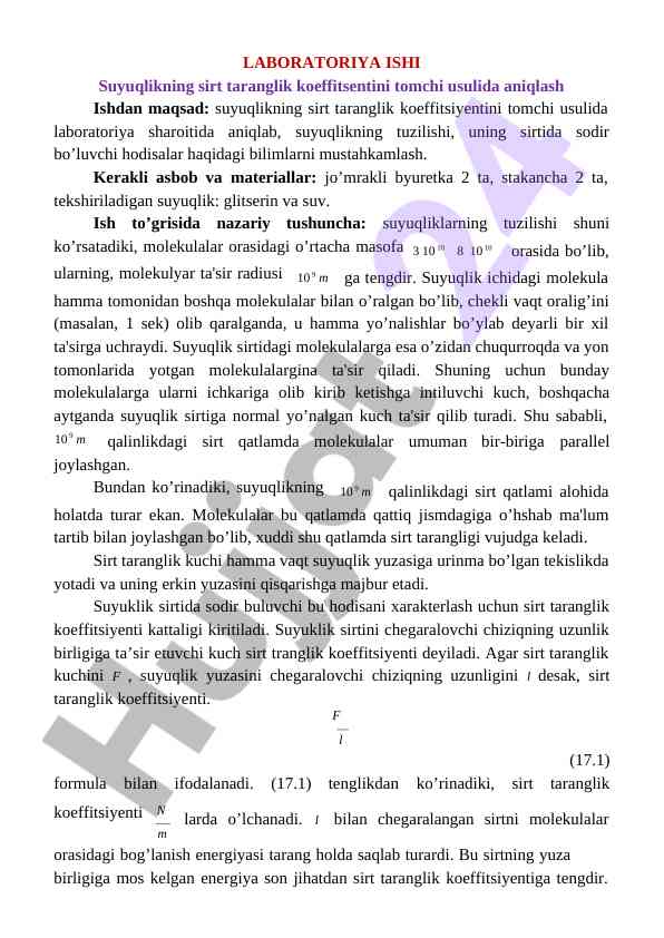 Suyuqlikning sirt taranglik koeffitsientini aniqlash