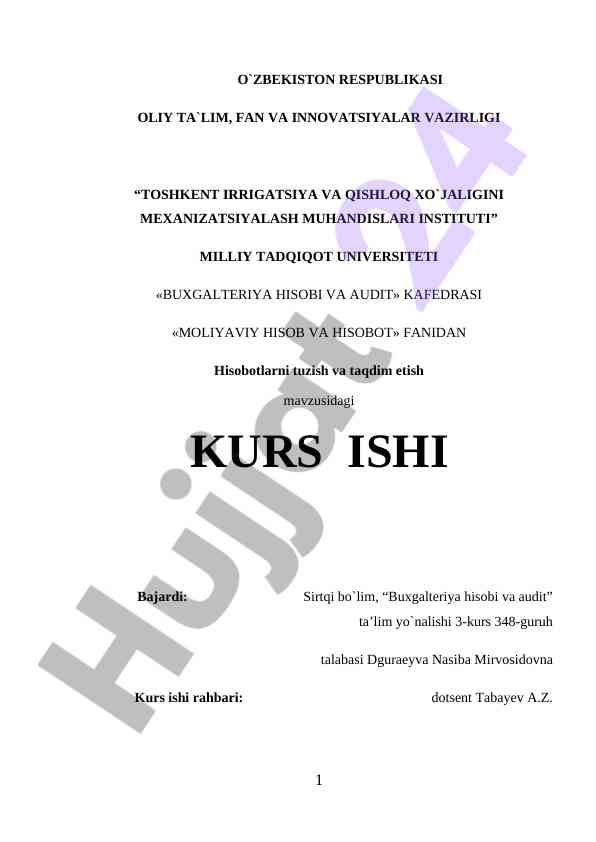 Moliyaviy hisobotlar taqdimoti kurs ishiga kirish