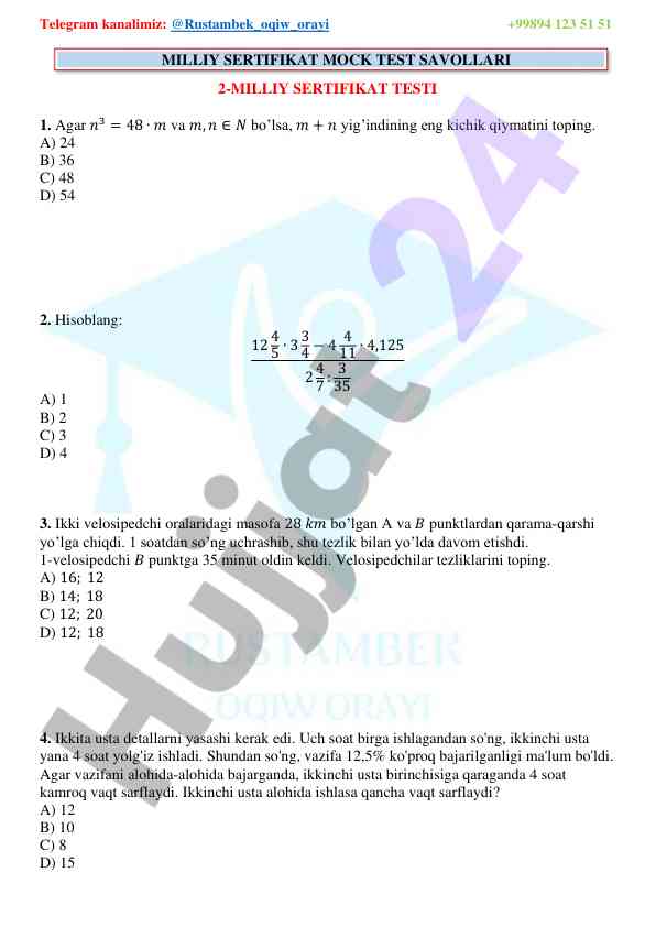 Milliy sertifikat mock test savollari