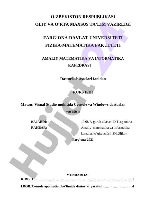 Visual studio muhitida dasturlar yaratish