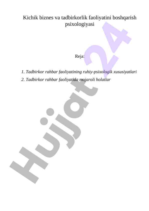Kichik biznes va tadbirkorlik faoliyatini boshqarish