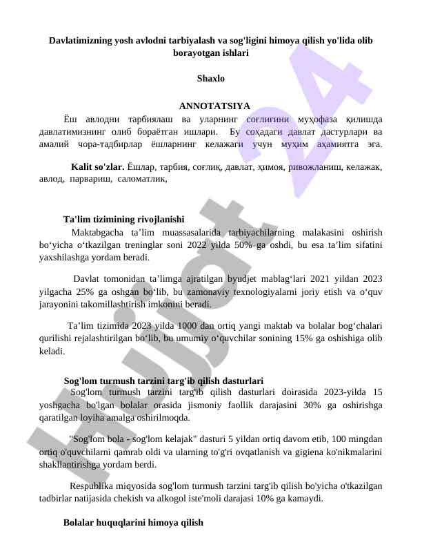 Davlatimizning yosh avlodni tarbiyalash ishlari