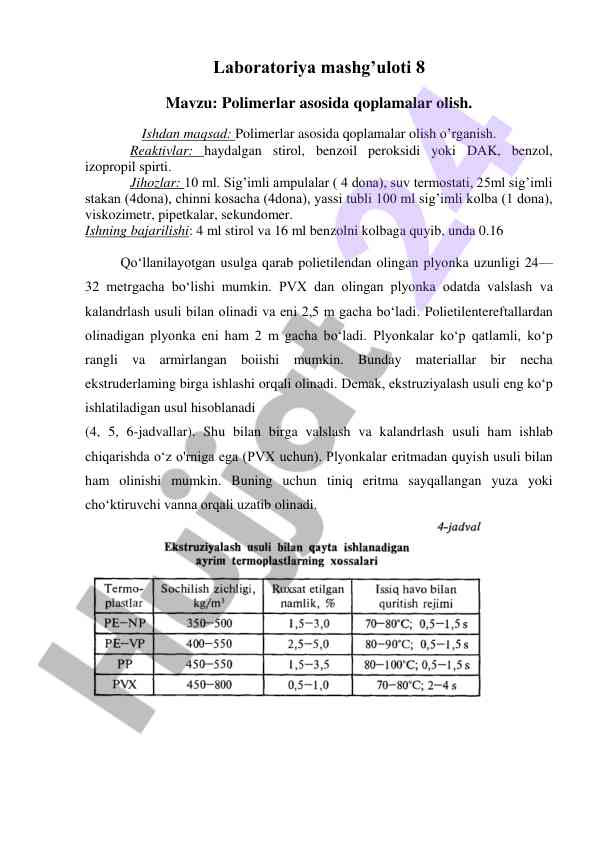 Polimerlar asosida qoplamalar olish laboratoriya mashg’uloti