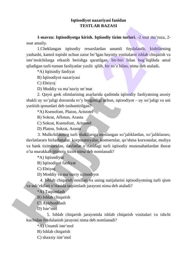 Iqtisodiyot nazariyasi fanidan testlar bazasi