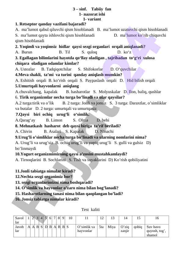 Tabiiy fan 3-sinf nazorat ishtirokchilari