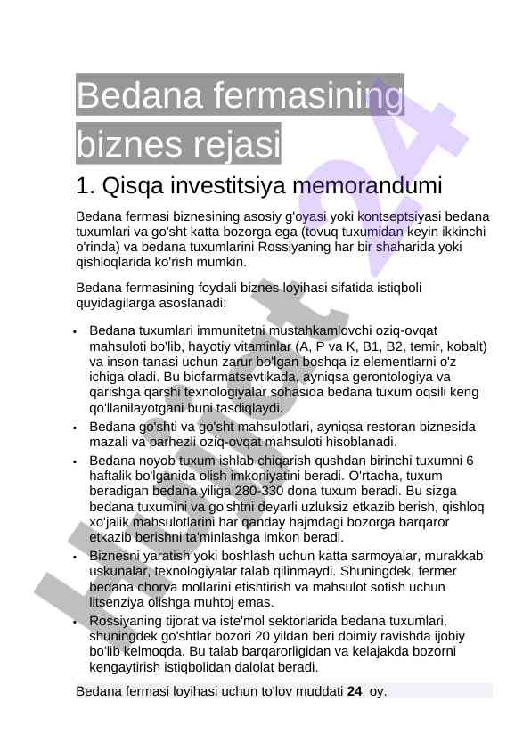 Bedana fermasining biznes rejasi va investitsiya
