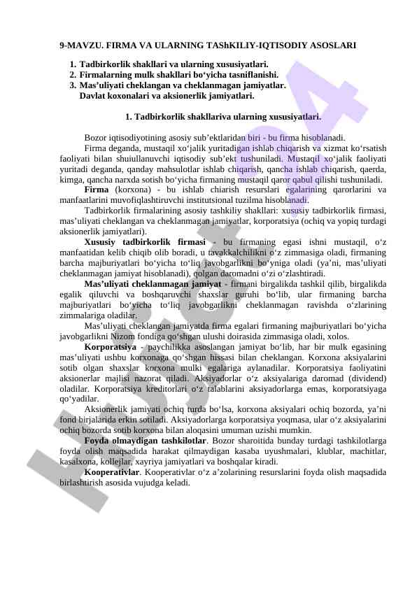 Firma va ularning tashkiliy-iqtisodiy asoslari