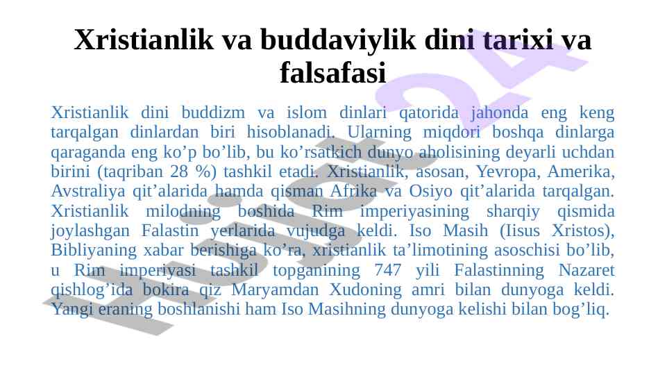 Xristianlik va buddaviylik dini tarixi va falsafasi