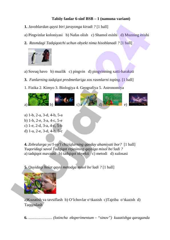 Tabiiy fanlar 6-sinf test variantlari