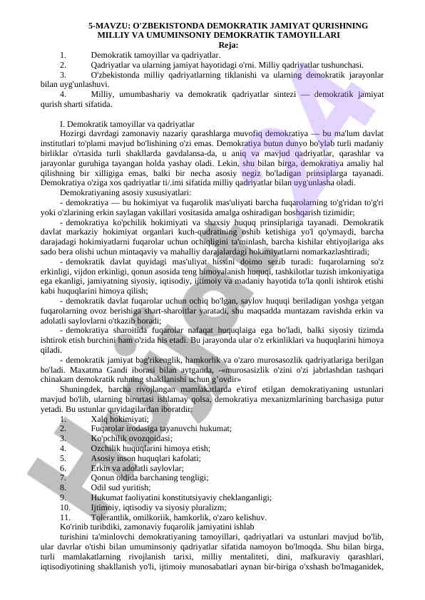 O'zbekistonda demokratik jamiyat qurish tamoyillari