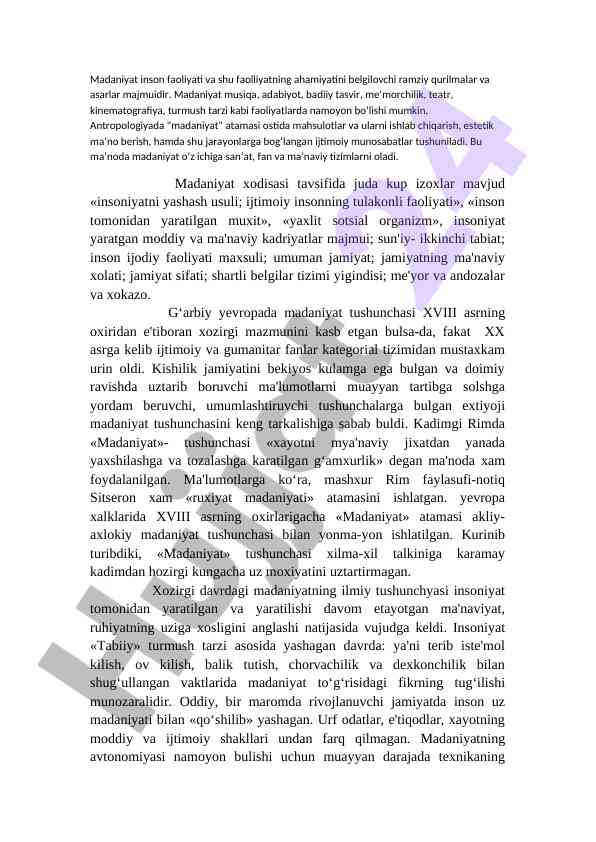 Madaniyat inson faoliyati va ahamiyati tushunchasi