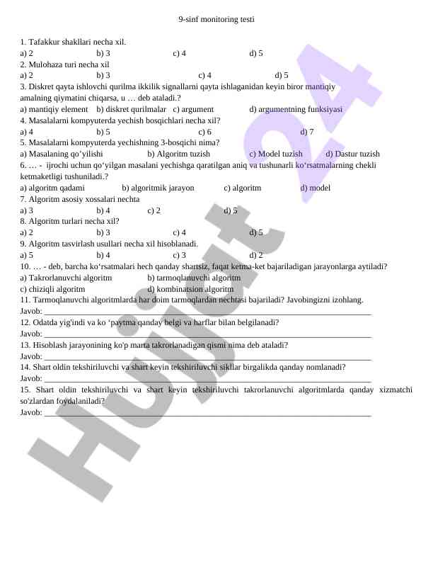 9-sinf monitoring testi va algoritmlar turlari