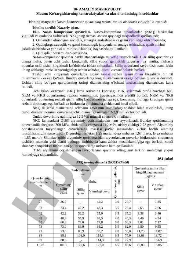 Nasos-kompressor quvurlari hisoblash ishlari