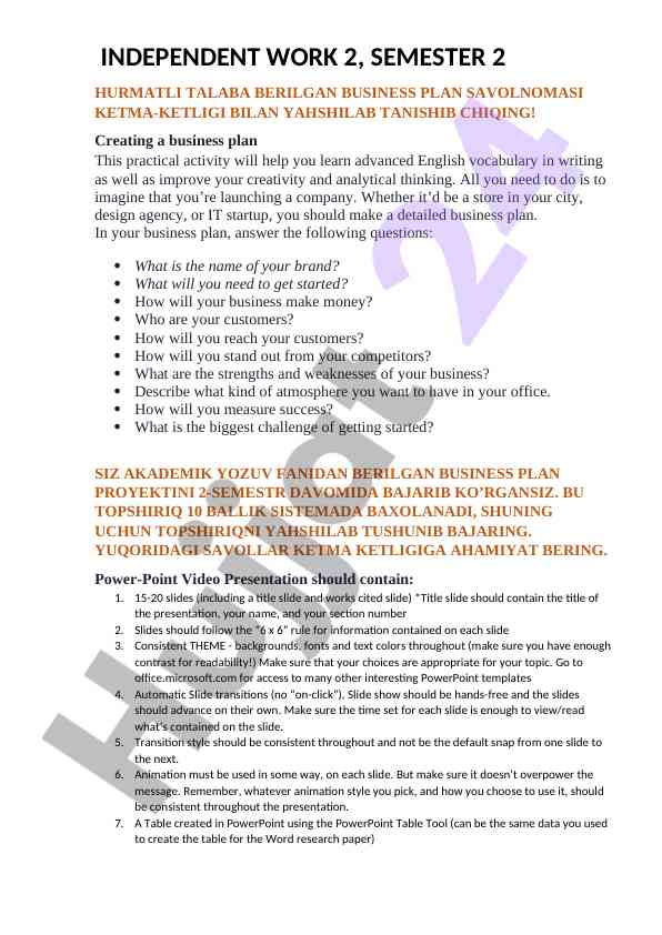 Creating a business plan proposal for semester two
