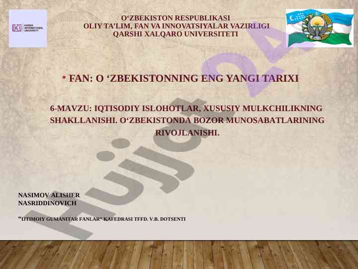 O‘zbekistonning iqtisodiy islohotlari va bozor munosabatlari