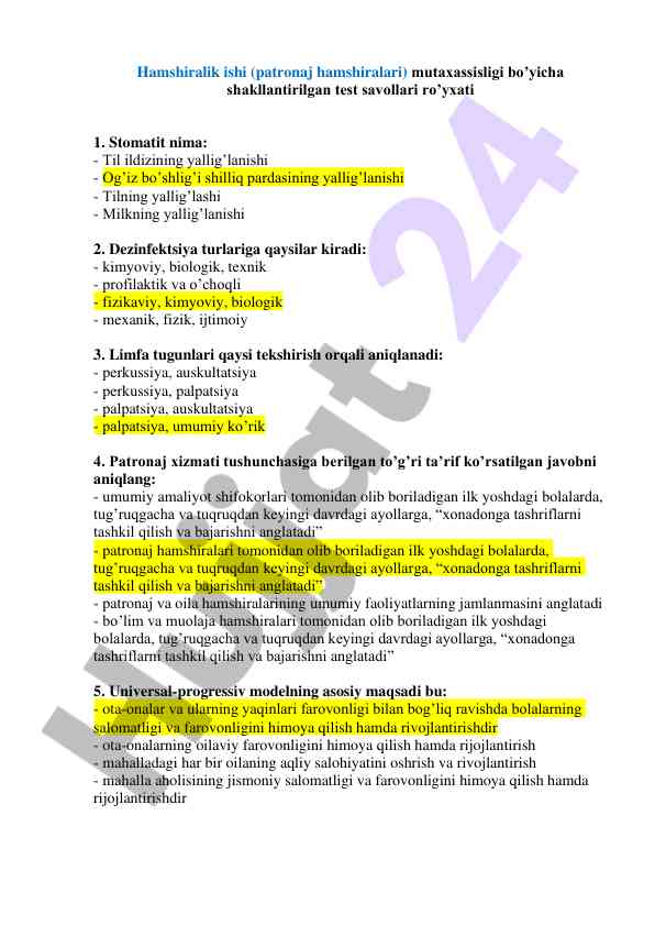 Hamshiralik ishi bo'yicha test savollari ro'yxati