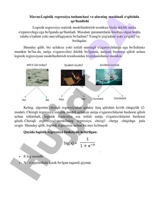 Logistik regressiya tushunchasi va mashinali o‘qitish