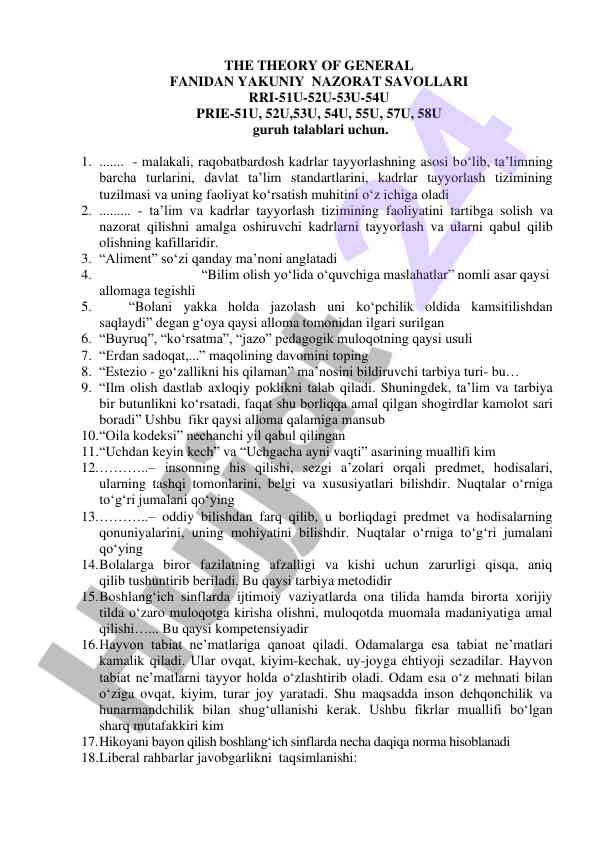 Umumiy fanidan yakuniy nazorat savollari rri guruhlari