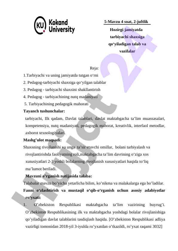 TARBIYACHI SHAXSIGA QO‘YILADIGAN TALABLAR