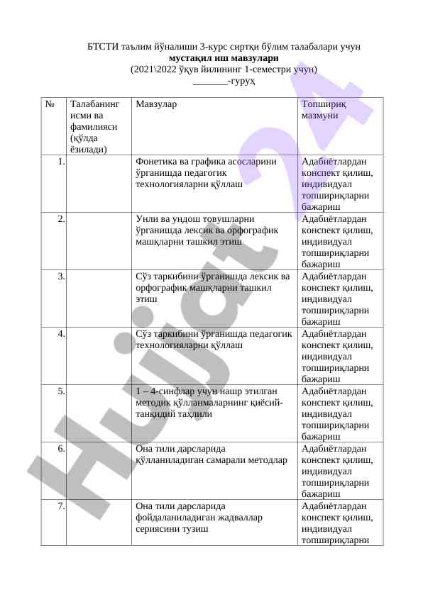 Mustaqil ish mavzulari 3-kurs talabalari uchun