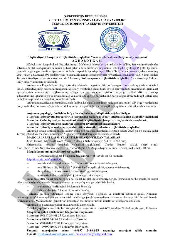Iqtisodiyotni barqaror rivojlantirish istiqbollari