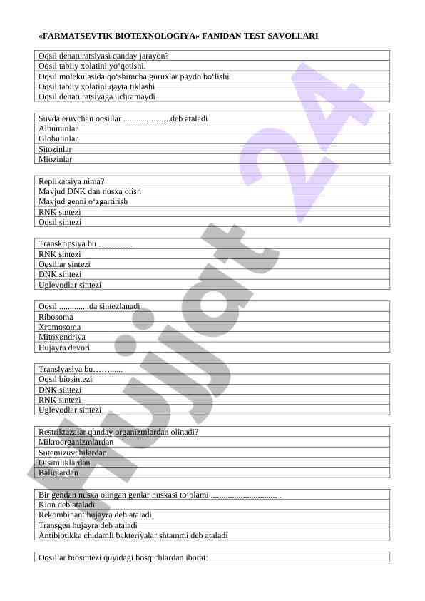 Farmatsevtik biotexnologiya fanidan test savollari