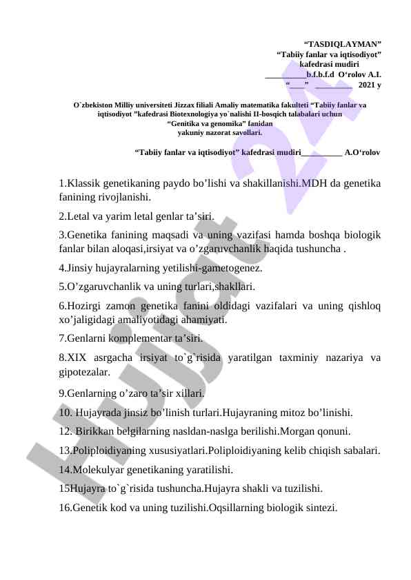 Genetika va genomika fanidan nazorat savollari