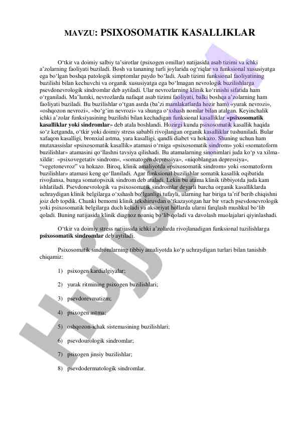 Psixosomatik kasalliklar va ularning taʼsirlari