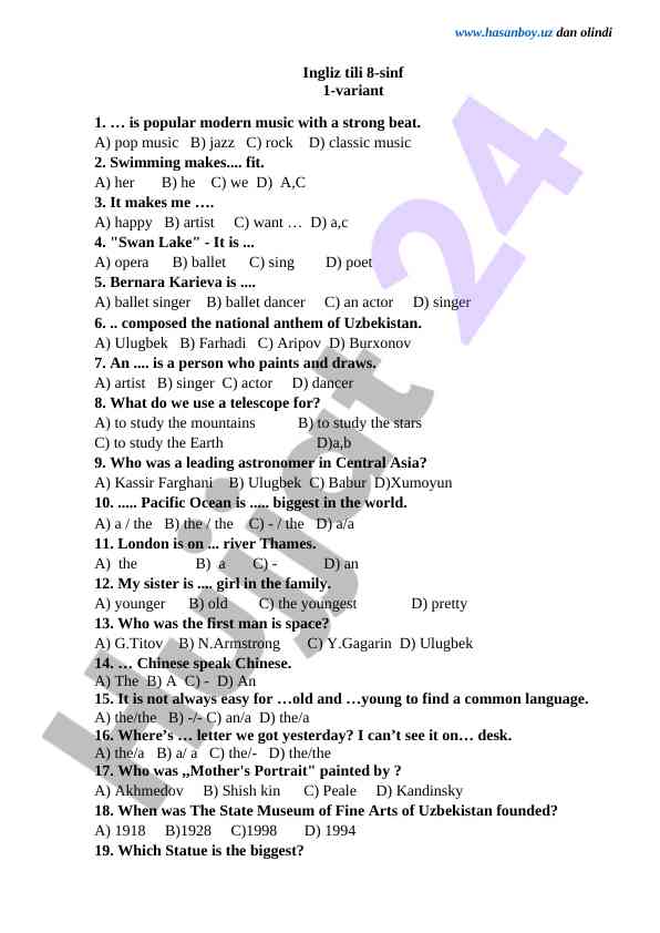 Ingliz tili 8-sinf 1-variant savollari