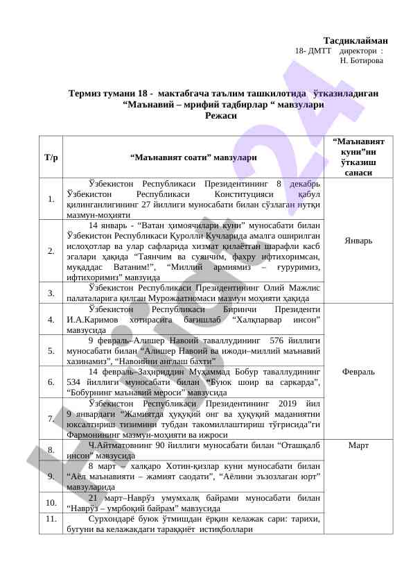 Mаънавий – мрифий тадбирлар режаси