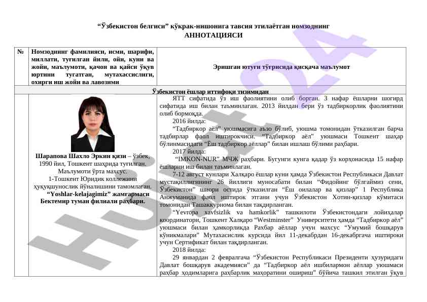 Uzbekistan belgisining кўкрак-нишони tavsiya