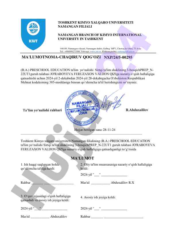 Nazariy o'qish haftaligi uchun qo'shimcha ta'til so'rov